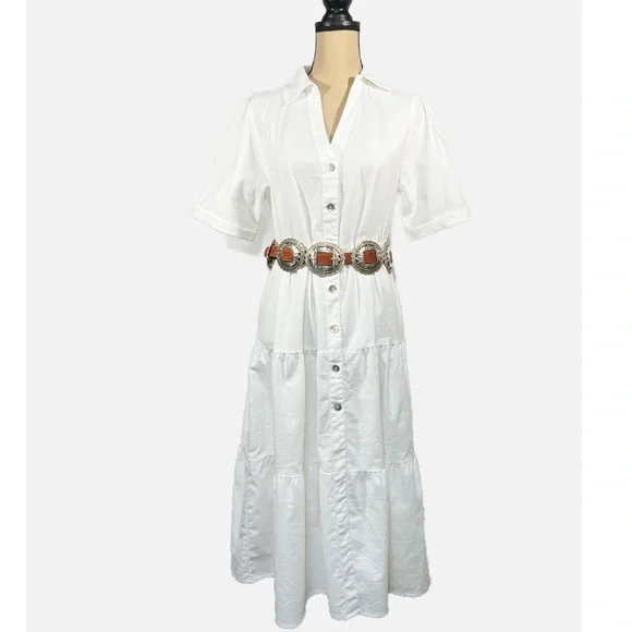 Boho Vibes White Button down Ruffle Short Sleeve Dress - Picture 7 of 7